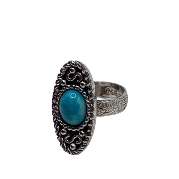Vintage Ring Sarah Coventry Faux Turquoise Silver Tone Textured Adjustable Band - Picture 10 of 12